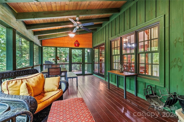 sunroom / solarium featuring wooden ceiling, lofted ceiling with beams, and ceiling fan