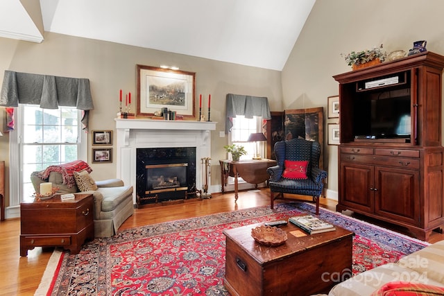 living room with high vaulted ceiling, a premium fireplace, and light hardwood / wood-style flooring