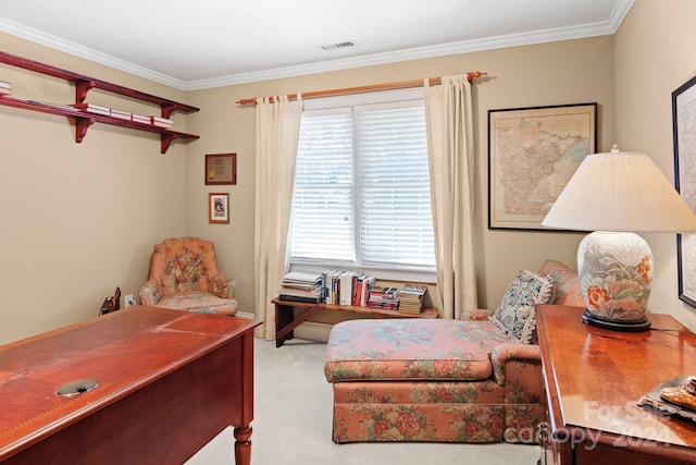 carpeted bedroom with ornamental molding