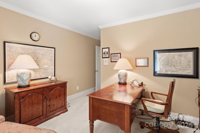 home office featuring light colored carpet and ornamental molding