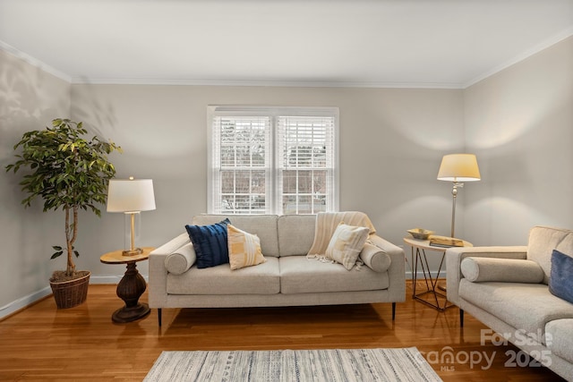 living room with hardwood / wood-style floors and ornamental molding