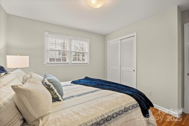 bedroom with wood-type flooring and a closet