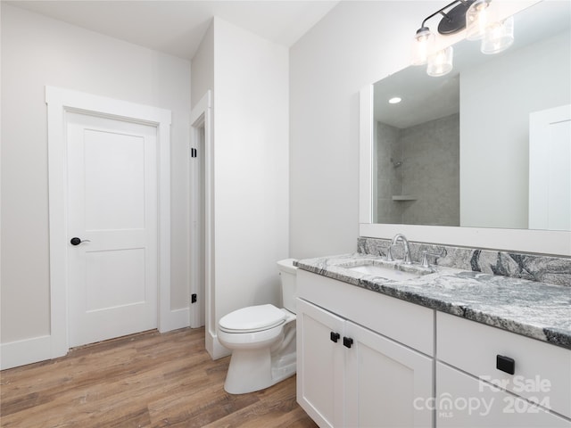 bathroom with wood-type flooring, vanity, and toilet