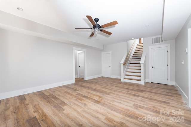 unfurnished living room featuring ceiling fan and light wood-type flooring