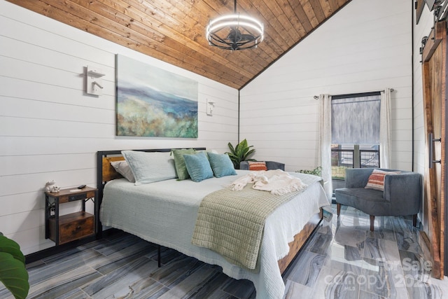 bedroom featuring lofted ceiling, dark hardwood / wood-style flooring, wooden walls, and wooden ceiling