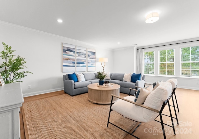 living room with light hardwood / wood-style flooring and ornamental molding