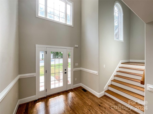 entryway with wood-type flooring and a high ceiling