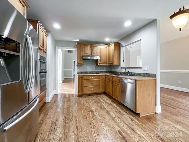 kitchen featuring stainless steel appliances, sink, and light hardwood / wood-style floors