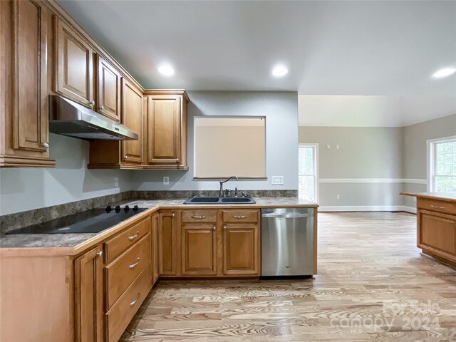 2510 Doster Rd, Monroe, NC 28112 - kitchen with dishwasher, dark countertops, under cabinet range hood, a sink, and black electric stovetop
