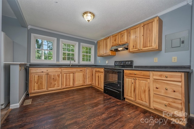 kitchen with black electric range, dark wood-type flooring, ornamental molding, and a textured ceiling