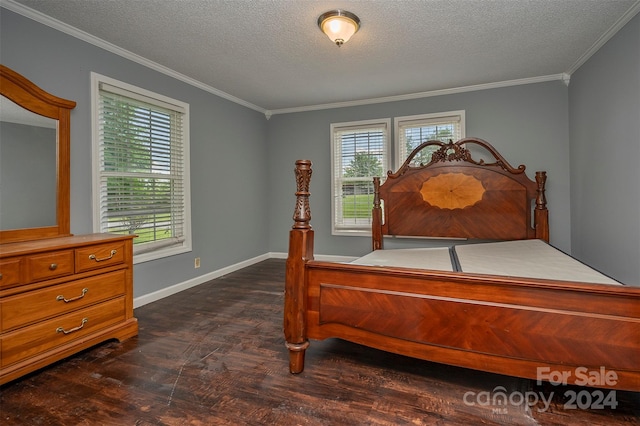 bedroom featuring dark hardwood / wood-style floors, crown molding, and a textured ceiling