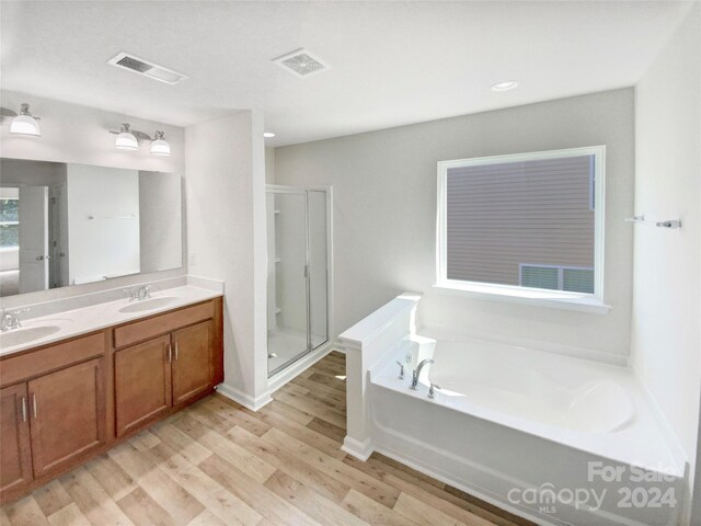 bathroom with a healthy amount of sunlight, hardwood / wood-style floors, independent shower and bath, and vanity