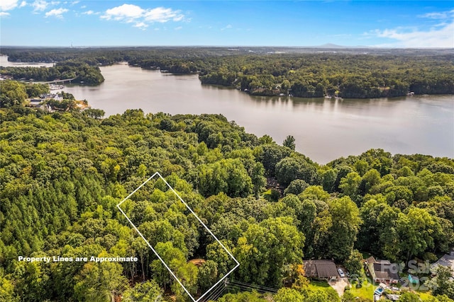 drone / aerial view featuring a water view and a wooded view