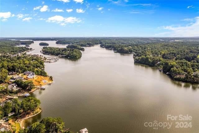 aerial view featuring a forest view and a water view
