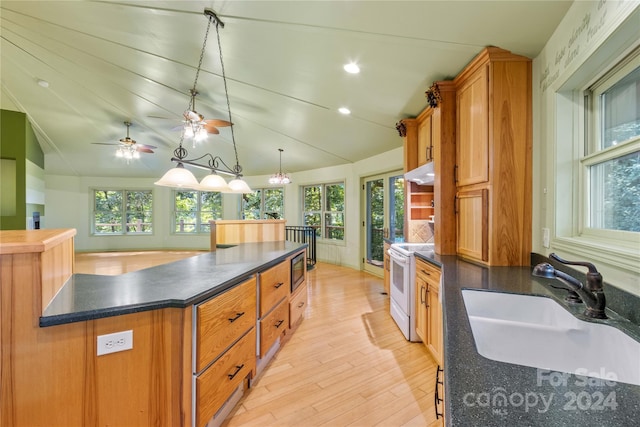 kitchen featuring lofted ceiling, stainless steel microwave, electric stove, a sink, and dark countertops