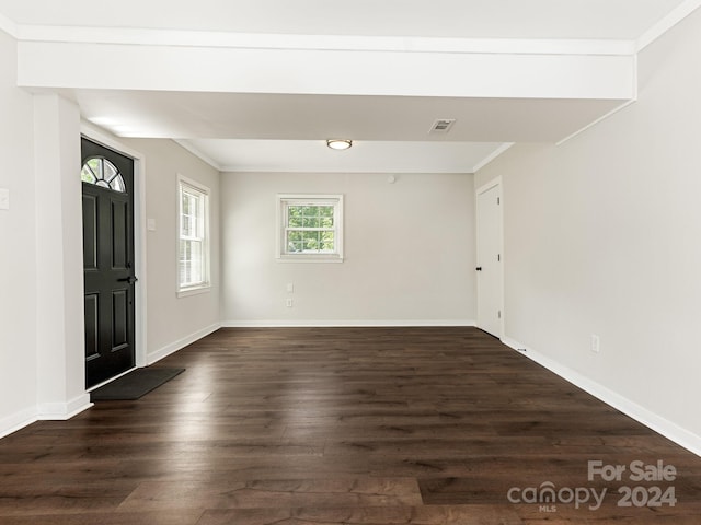 entrance foyer featuring ornamental molding and dark hardwood / wood-style floors