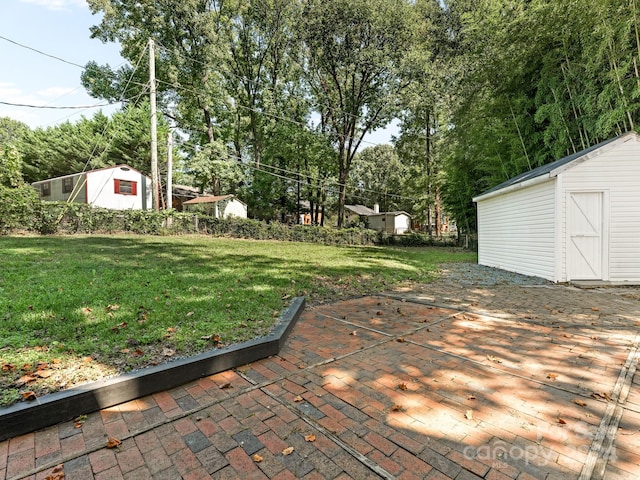 exterior space with a shed