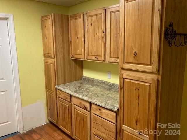 kitchen with dark wood-type flooring and light stone counters