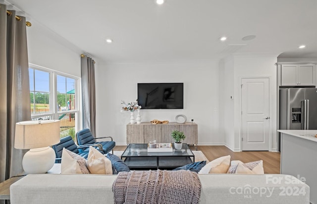 living room featuring crown molding and light hardwood / wood-style floors