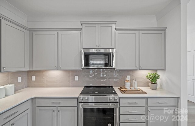 kitchen featuring gray cabinets, appliances with stainless steel finishes, and tasteful backsplash