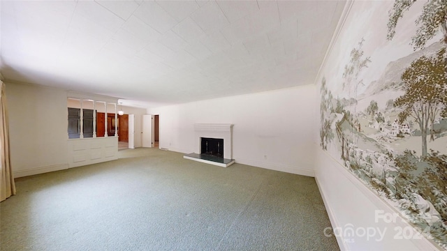 interior space with crown molding and carpet