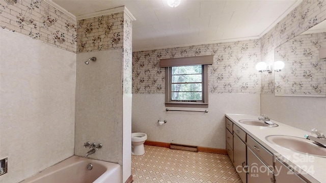 full bathroom with ornamental molding, vanity, shower / bath combination, and toilet