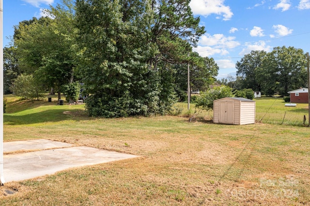 view of yard featuring a storage unit and a patio