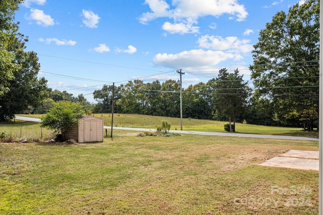 view of yard with a storage shed