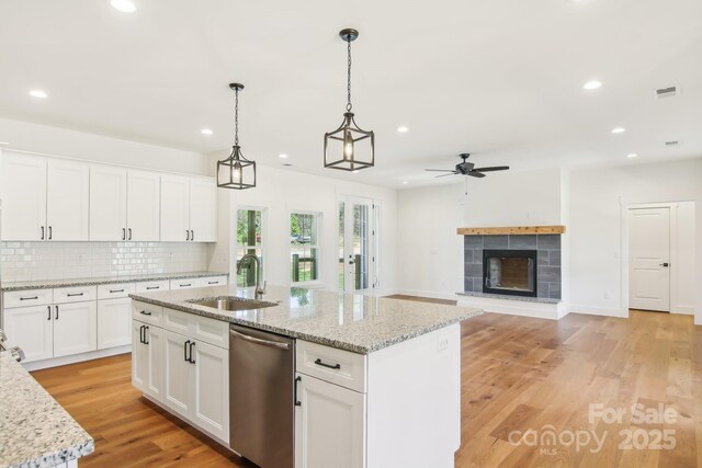 40 Haywood Park Dr, Hendersonville, NC 28791 - kitchen with a sink, stainless steel dishwasher, a ceiling fan, a center island with sink, and pendant lighting
