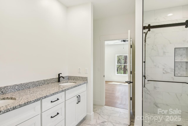 40 Haywood Park Dr, Hendersonville, NC 28791 - full bathroom with marble finish flooring, a marble finish shower, a ceiling fan, and baseboards