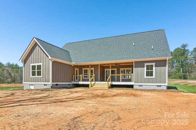 40 Haywood Park Dr, Hendersonville, NC 28791 - rear view of house featuring crawl space, ceiling fan, and board and batten siding