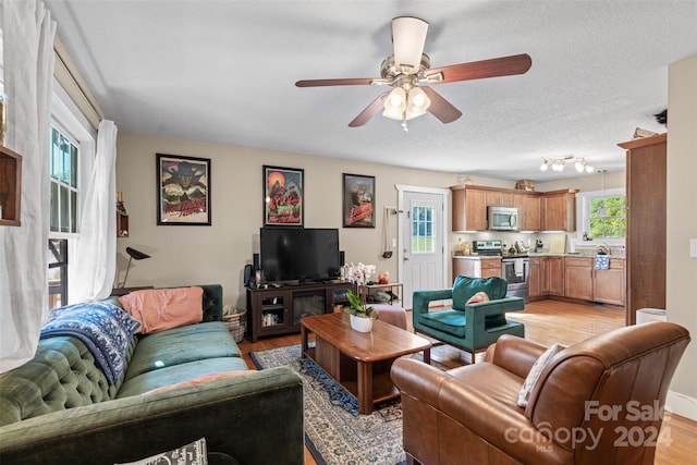 living room featuring a textured ceiling, ceiling fan, and light hardwood / wood-style floors