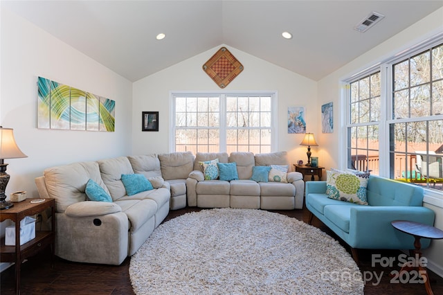 living room featuring dark hardwood / wood-style flooring, lofted ceiling, and a wealth of natural light