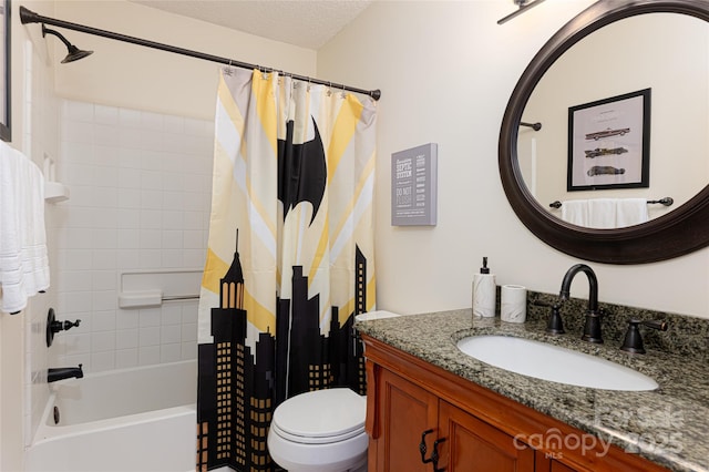 full bathroom with vanity, shower / bath combo, a textured ceiling, and toilet