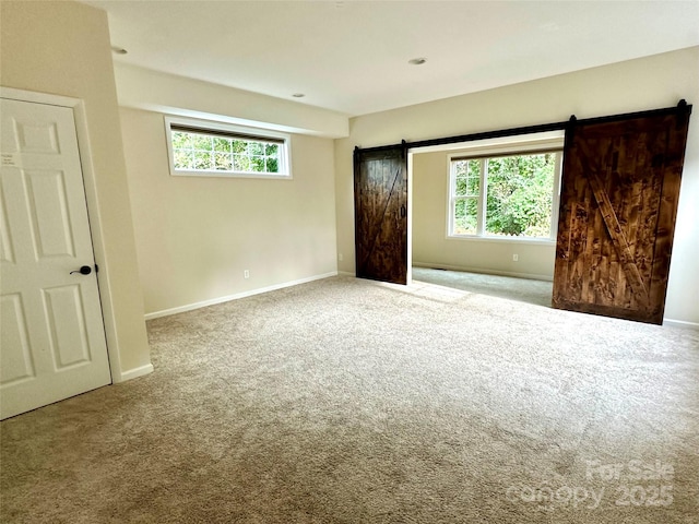 unfurnished bedroom with a barn door and carpet floors