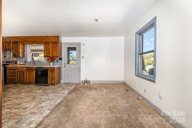 kitchen with sink, dishwasher, stainless steel electric range, and carpet