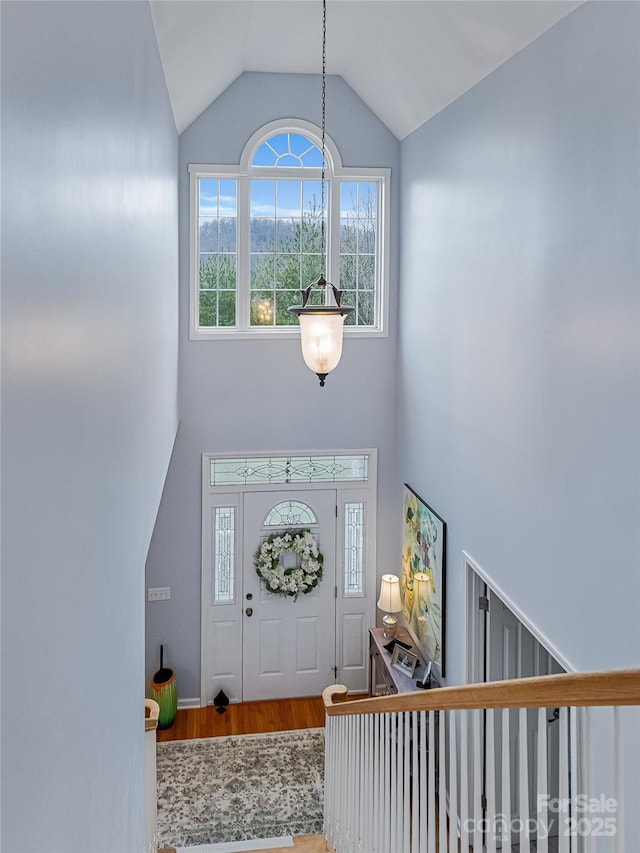 entrance foyer with wood-type flooring and vaulted ceiling