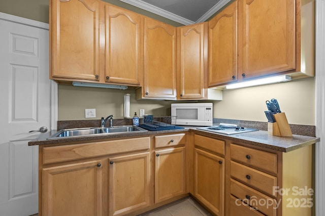 kitchen with white appliances, light tile patterned floors, crown molding, and sink