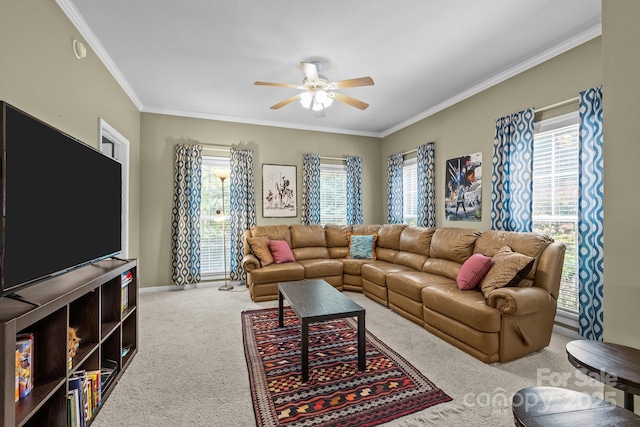 carpeted living room featuring ceiling fan and crown molding