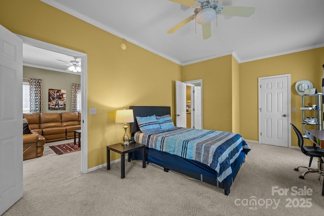 bedroom with ceiling fan, light colored carpet, and crown molding