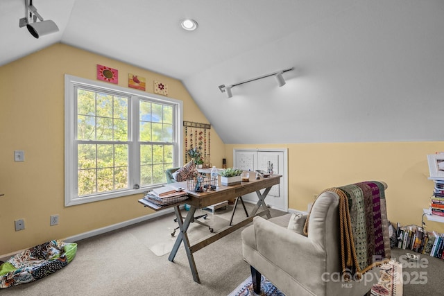 office space with track lighting, vaulted ceiling, and carpet floors