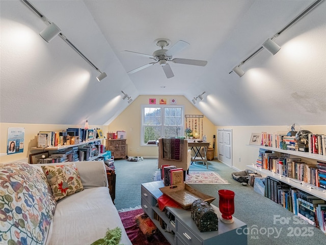 interior space featuring ceiling fan and vaulted ceiling