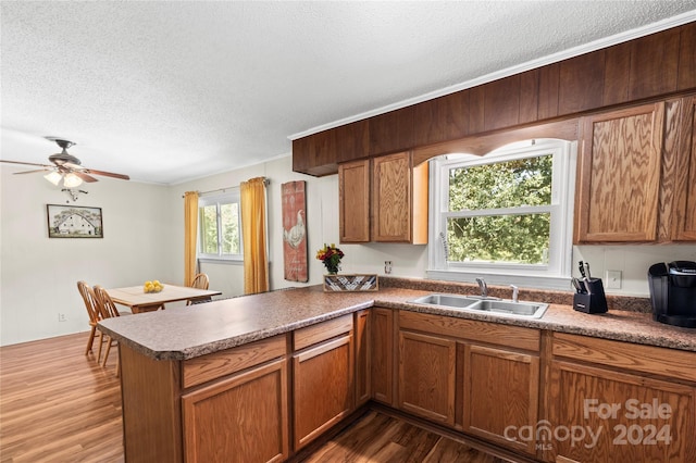 kitchen with dark hardwood / wood-style flooring, sink, kitchen peninsula, ceiling fan, and a textured ceiling