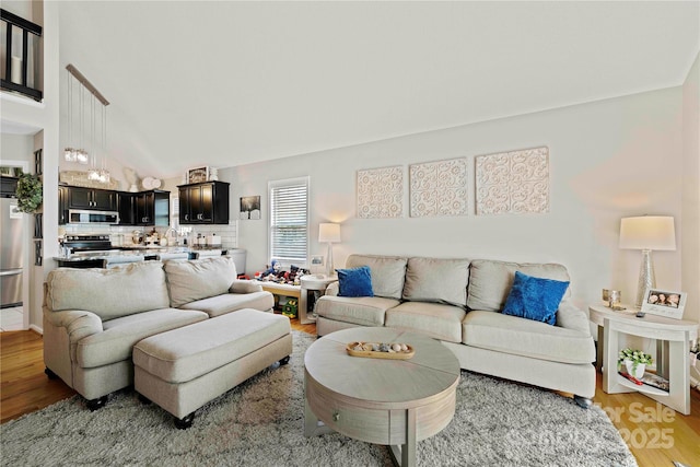 living room featuring sink, wood-type flooring, and a high ceiling