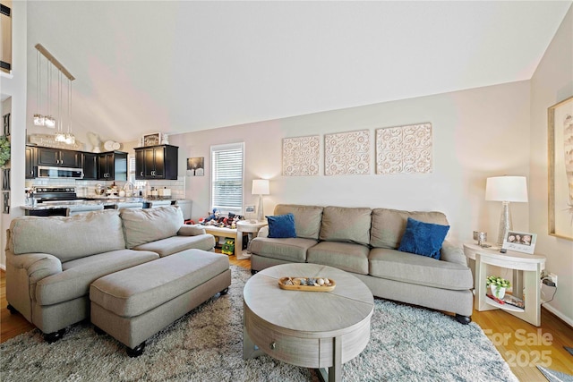 living room featuring sink, wood-type flooring, and vaulted ceiling