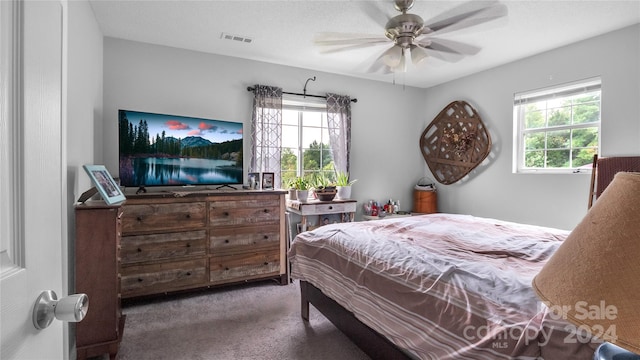 carpeted bedroom with multiple windows and ceiling fan