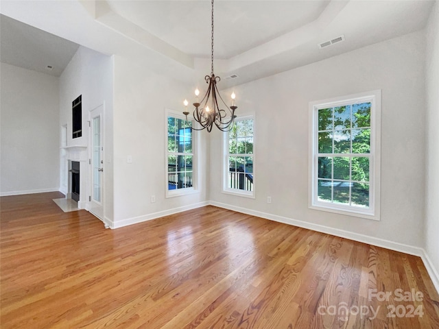 unfurnished dining area featuring light wood-type flooring, plenty of natural light, and a raised ceiling