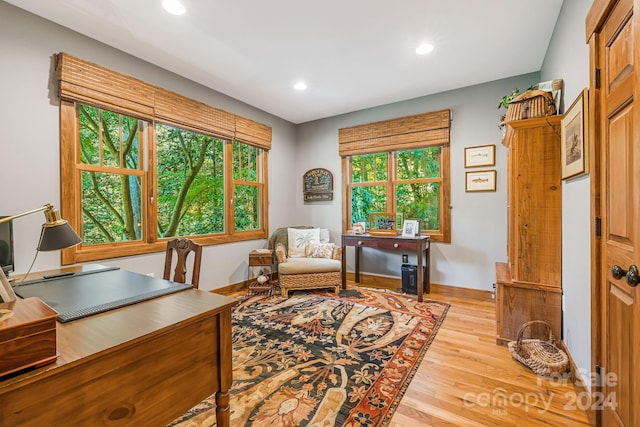 home office with light hardwood / wood-style floors