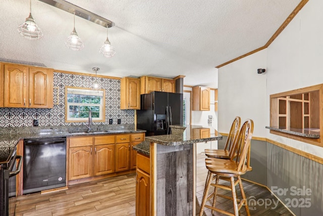18 Spencer Rd, Candler, NC 28715 - kitchen featuring black appliances, a sink, a textured ceiling, ornamental molding, and light wood-style floors