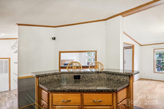 18 Spencer Rd, Candler, NC 28715 - kitchen with light wood-style floors, ornamental molding, a textured ceiling, lofted ceiling, and brown cabinets
